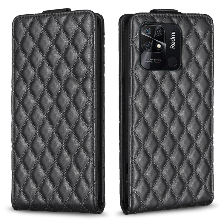 Black leather flip phone case with diamond lattice pattern and camera window