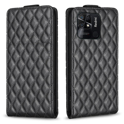 Black leather flip phone case with diamond lattice pattern and camera window