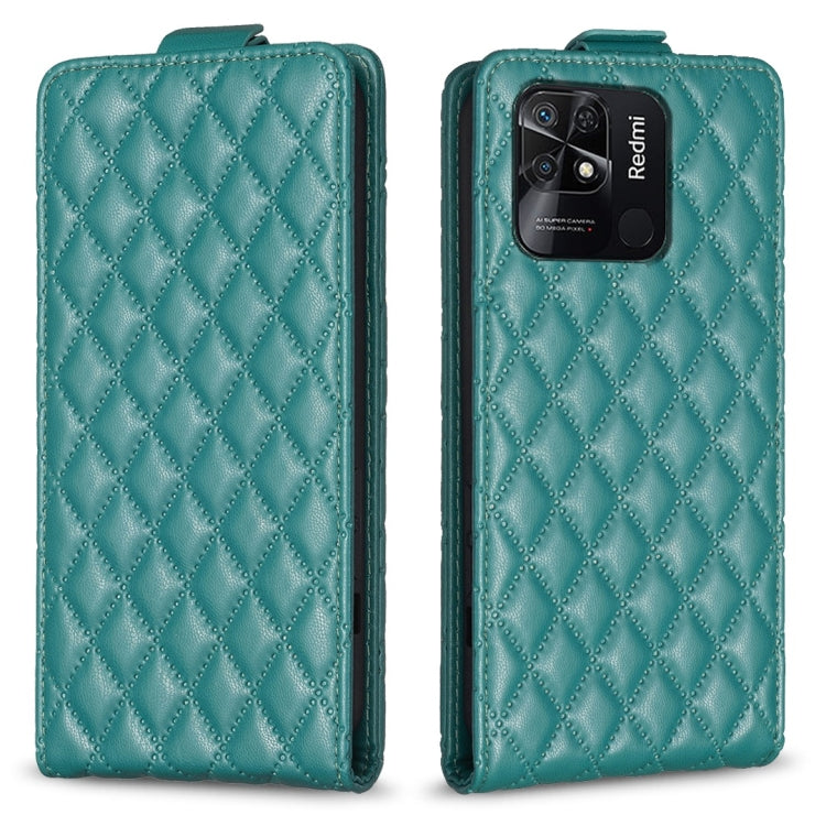 Teal leather flip phone case with diamond lattice texture and camera window
