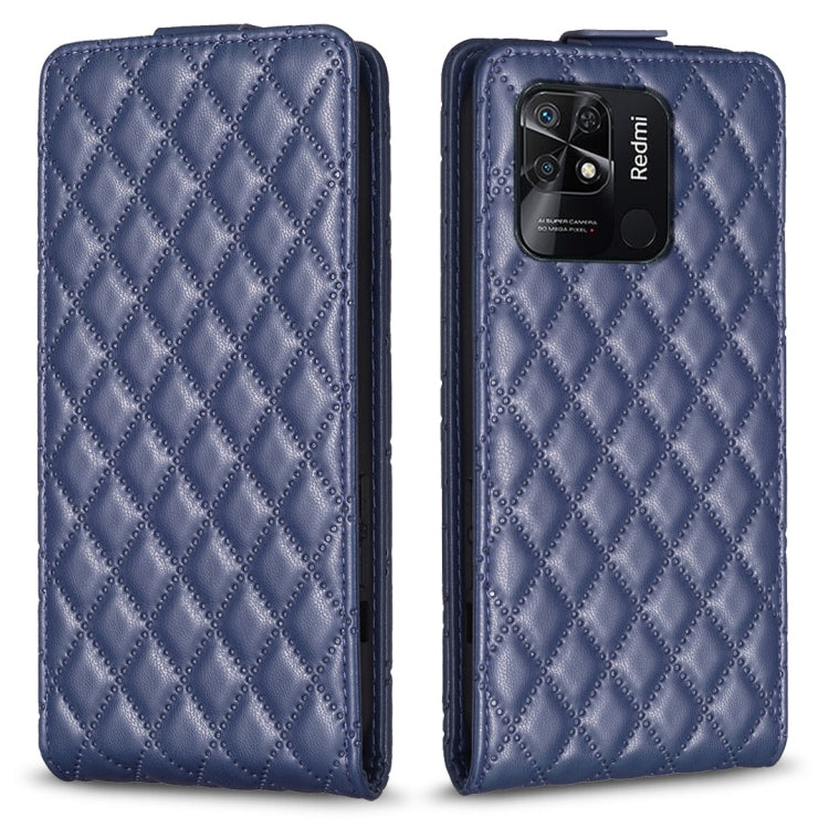 Blue leather flip phone case with diamond lattice pattern and camera window