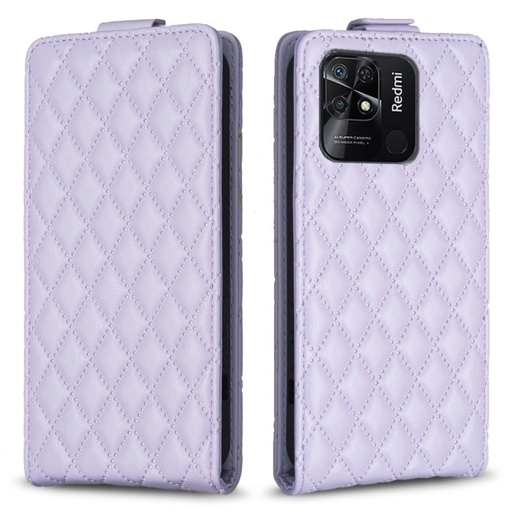 Light purple vertical flip leather phone case with diamond lattice texture, front and back