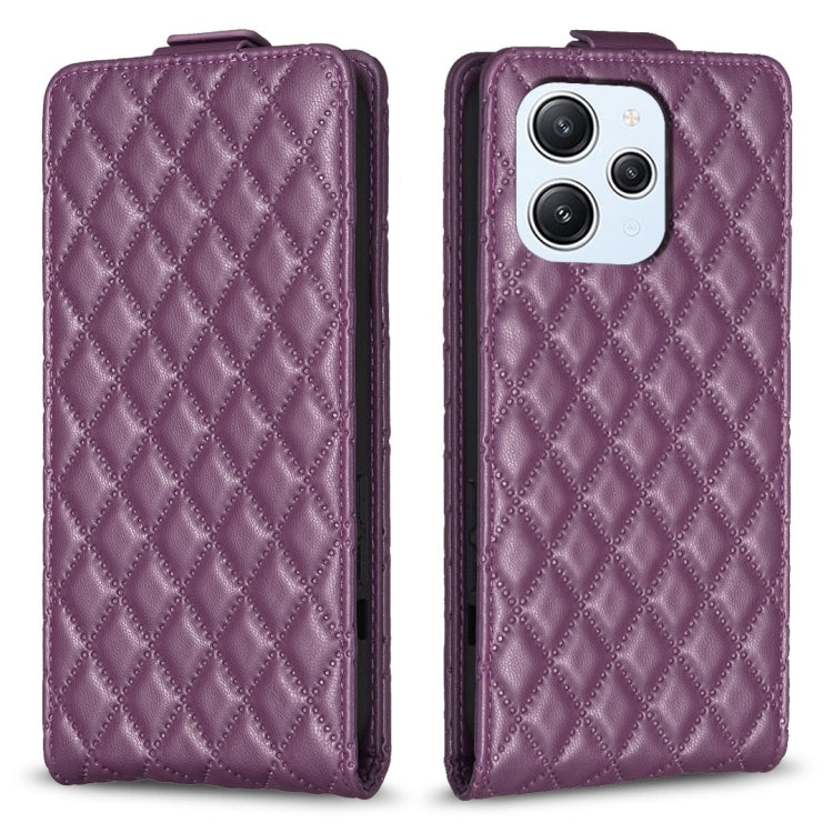 Purple leather flip phone case with diamond lattice texture and camera cutout.