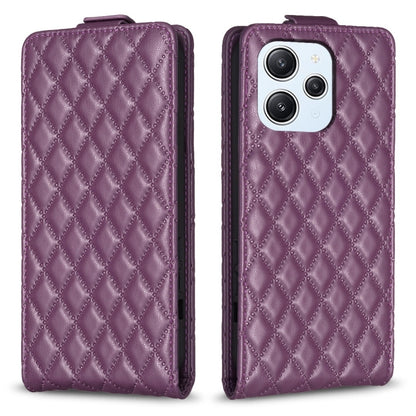Purple leather flip phone case with diamond lattice texture and camera cutout.