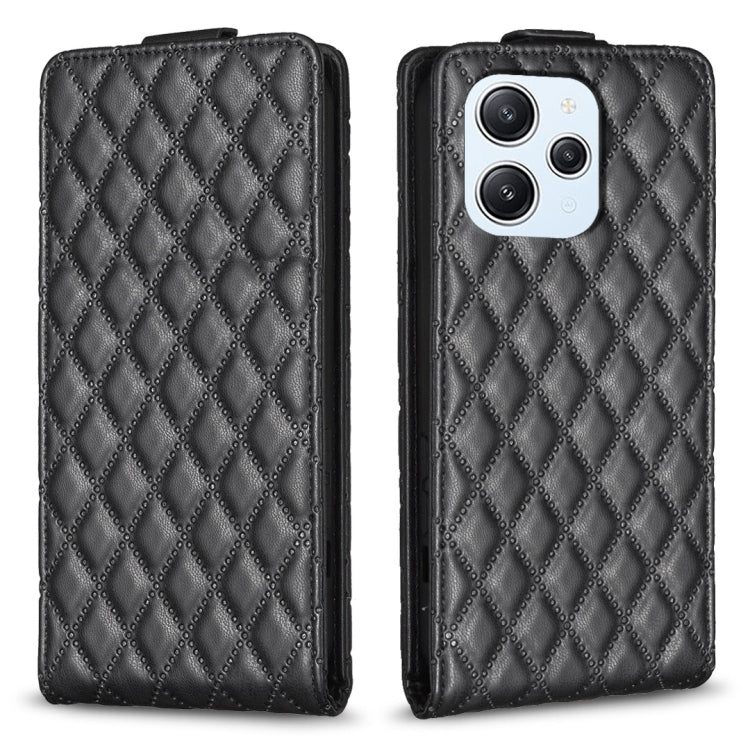 Black leather flip phone case with diamond lattice texture and camera cutout.