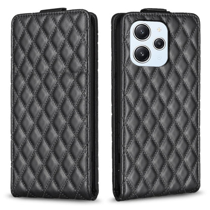 Black leather flip phone case with diamond lattice texture and camera cutout.