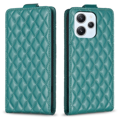 Teal leather flip phone case with diamond lattice texture and camera cutout.