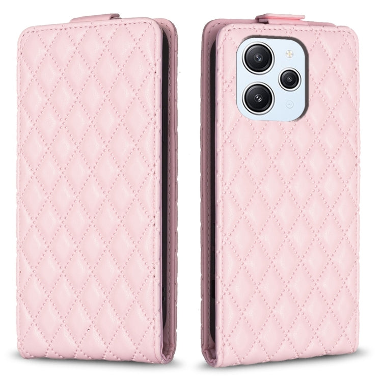 Pink leather flip phone case with diamond lattice pattern, phone camera cutouts