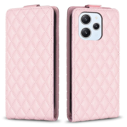 Pink leather flip phone case with diamond lattice pattern, phone camera cutouts