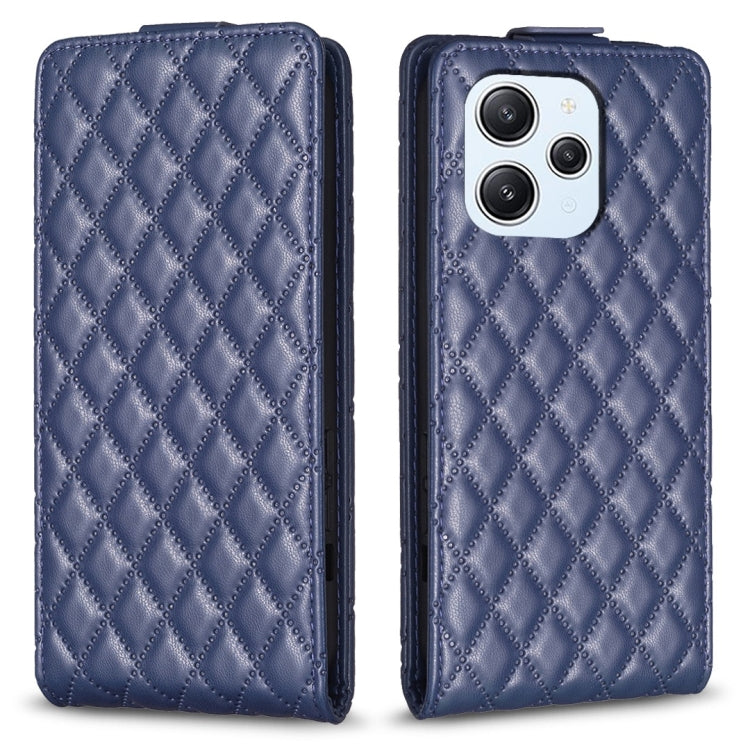 Dark blue leather flip phone case with diamond lattice pattern, camera cutouts