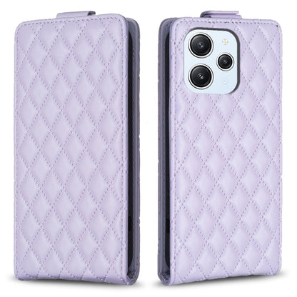 Light purple leather flip phone case with diamond lattice pattern, camera cutouts