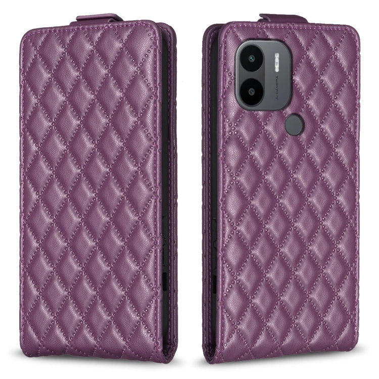 Purple leather flip phone case with diamond lattice texture and camera cutout