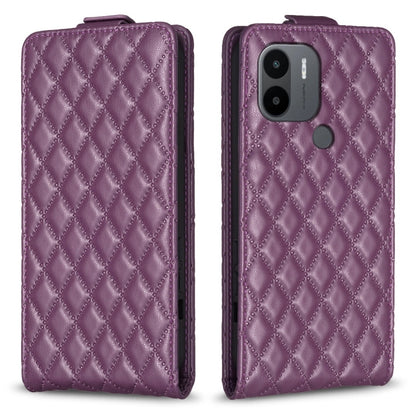 Purple leather flip phone case with diamond lattice texture and camera cutout
