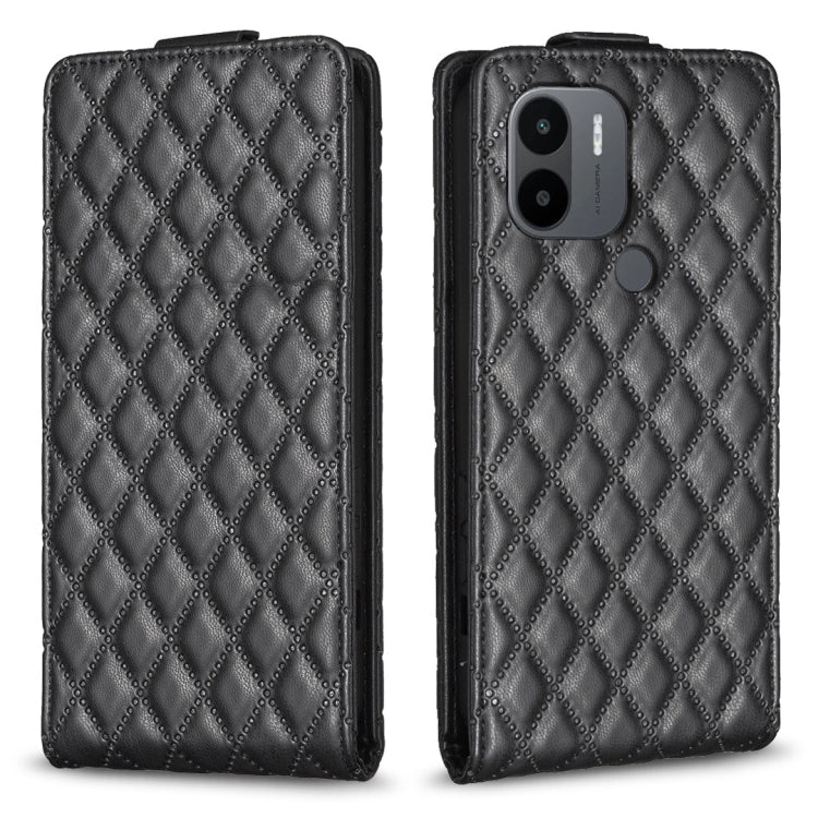 Dark gray black leather flip phone case with diamond lattice pattern and camera cutout