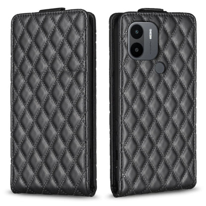Dark gray black leather flip phone case with diamond lattice pattern and camera cutout