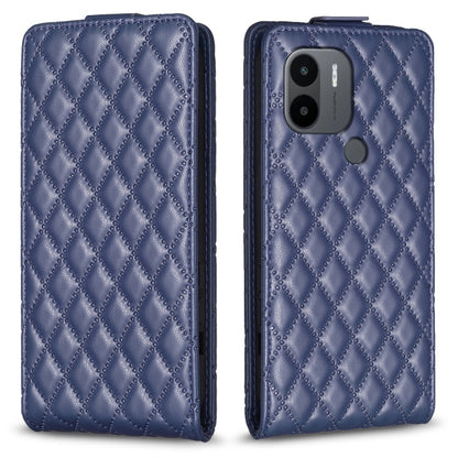 Blue leather flip phone case with diamond lattice texture and camera cutout