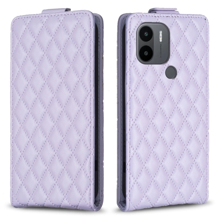 Lavender leather flip phone case with diamond lattice texture and camera cutout