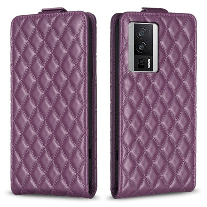 Purple leather flip phone case with diamond lattice texture and camera cutout