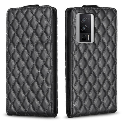 Black leather flip phone case with diamond lattice texture and camera cutout