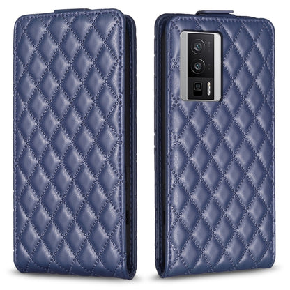 Blue leather flip phone case with diamond lattice texture and camera cutout