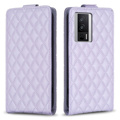 Lavender leather flip phone case with diamond lattice texture and camera cutout