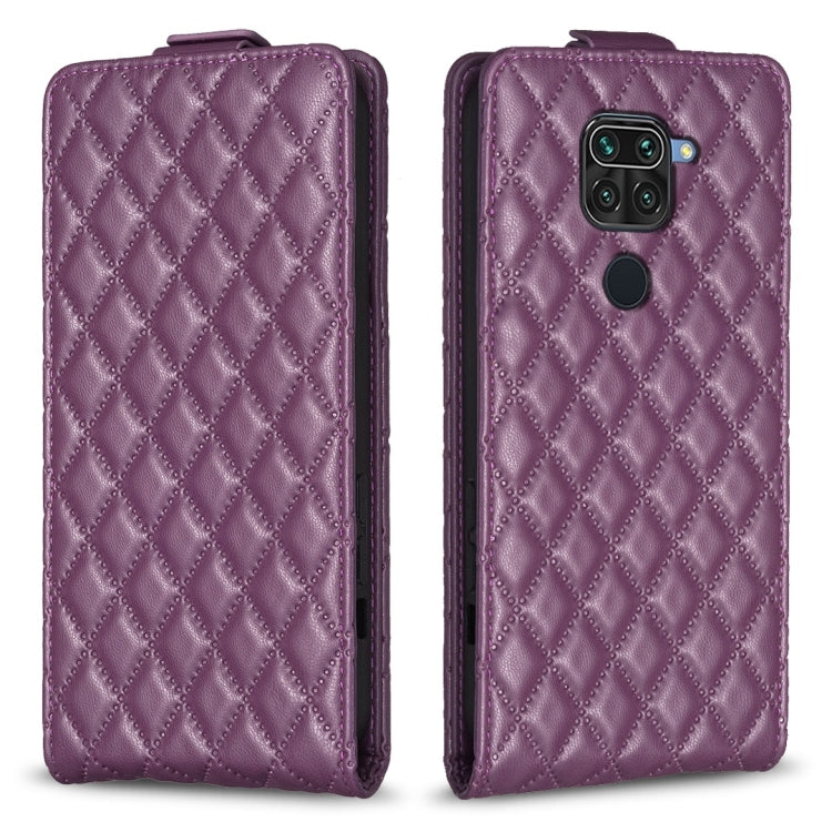 Purple leather flip phone case with diamond lattice pattern and side camera cutout