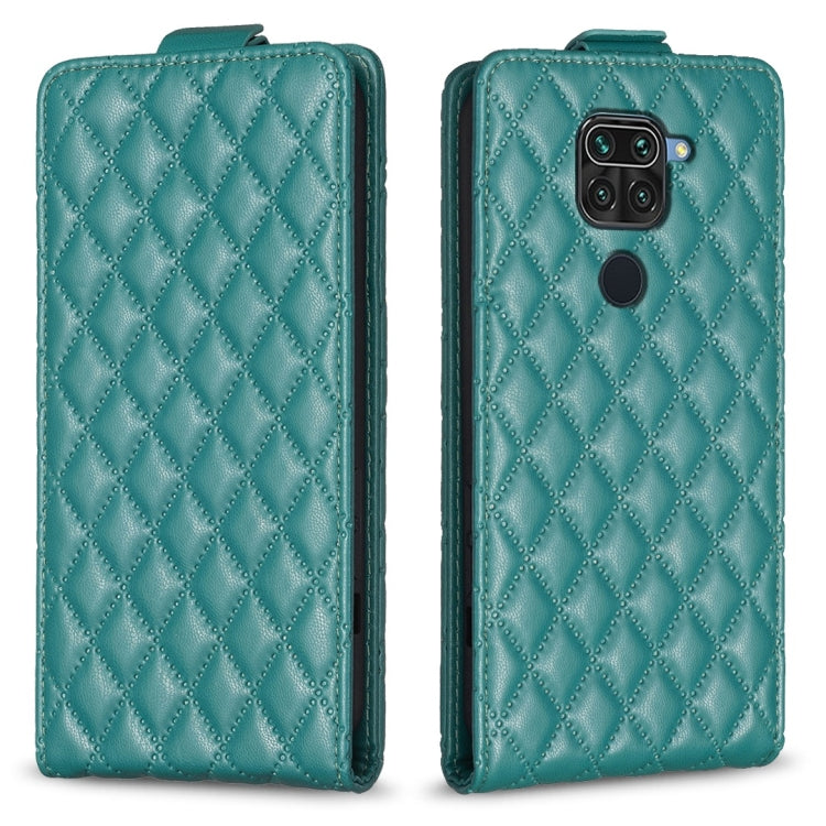 Teal leather flip phone case with diamond lattice pattern and side camera cutout
