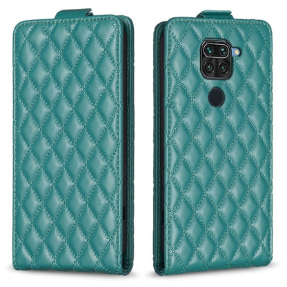 Teal leather flip phone case with diamond lattice pattern and side camera cutout