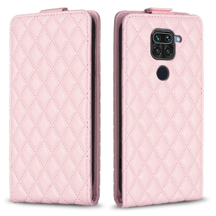 Pink leather flip phone case with diamond lattice pattern and side camera cutout