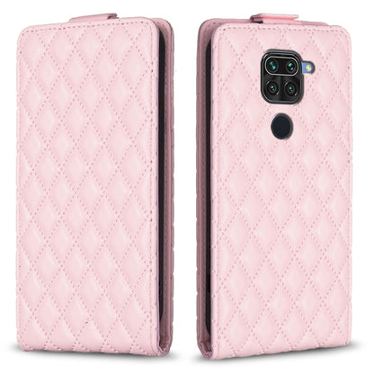 Pink leather flip phone case with diamond lattice pattern and side camera cutout