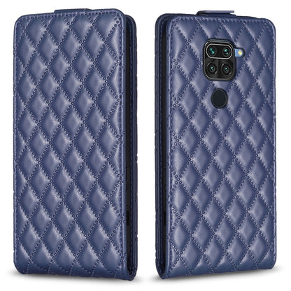 Blue leather flip phone case with diamond lattice pattern and side camera cutout