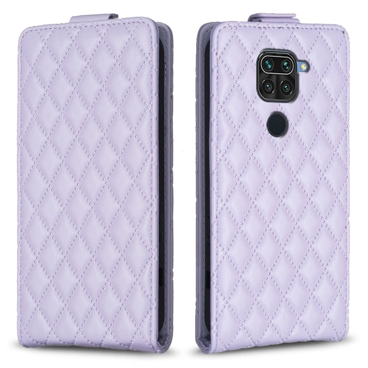 Light purple leather flip phone case with diamond lattice texture and cutouts