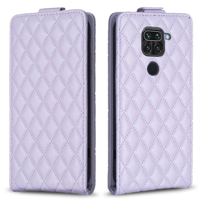 Light purple leather flip phone case with diamond lattice texture and cutouts