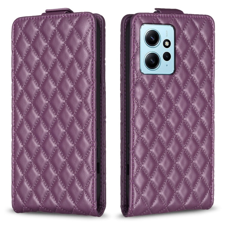 Purple leather flip phone case with diamond lattice pattern, front cover and camera cutout.