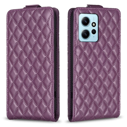 Purple leather flip phone case with diamond lattice pattern, front cover and camera cutout.