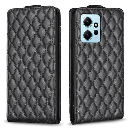 Dark leather flip phone case with diamond lattice pattern, front cover and phone camera view.