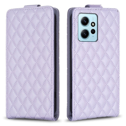 Purple leather flip phone case with diamond lattice pattern and side magnetic closure