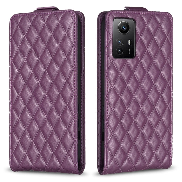 Purple leather flip phone case with diamond lattice pattern and fold-over cover