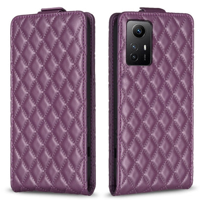Purple leather flip phone case with diamond lattice pattern and fold-over cover