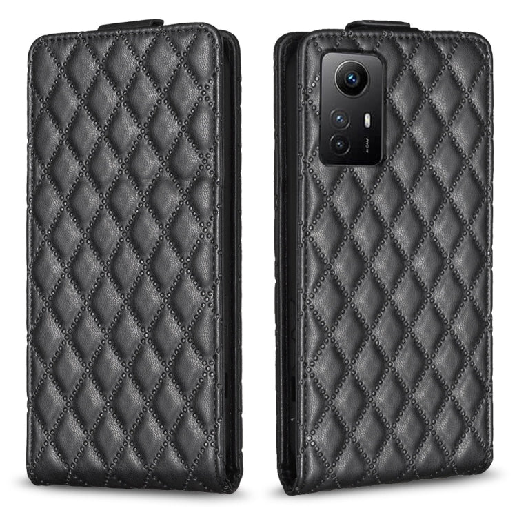 Black leather flip phone case with diamond lattice pattern, front cover and cutouts.