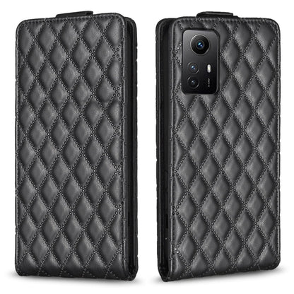 Black leather flip phone case with diamond lattice pattern, front cover and cutouts.