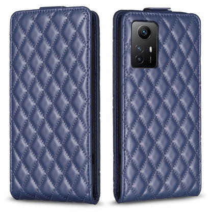 Blue leather flip phone case with diamond lattice pattern, front cover and camera cutout.