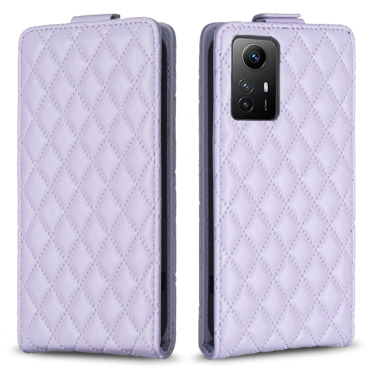 Light purple leather flip phone case with diamond lattice pattern, front cover and camera cutout.