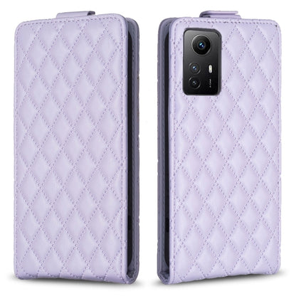 Light purple leather flip phone case with diamond lattice pattern, front cover and camera cutout.