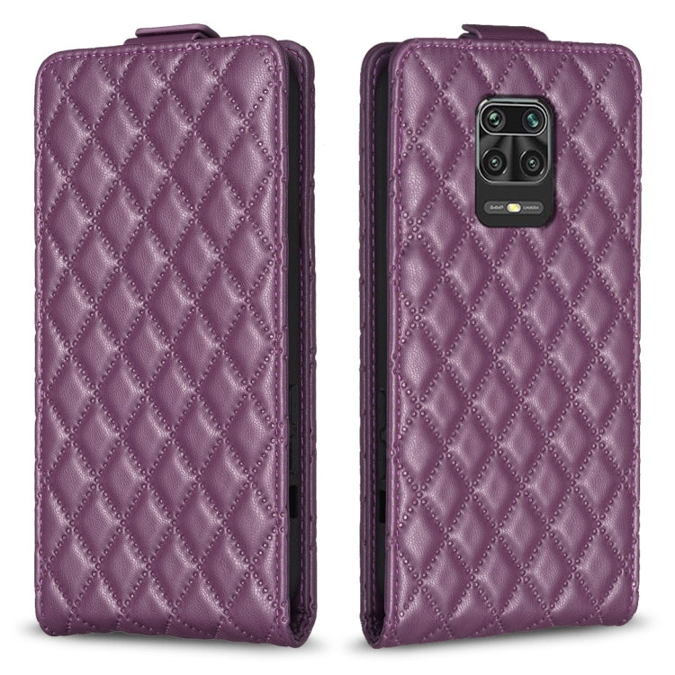 Dark purple leather flip phone case with diamond lattice texture and camera cutout