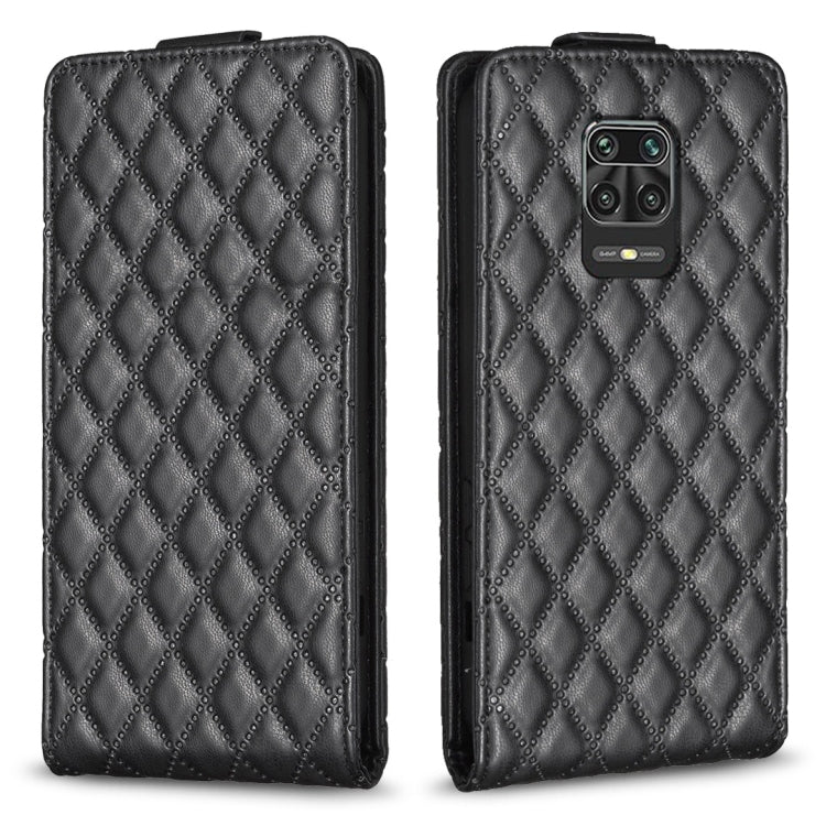 Black leather flip phone case with diamond lattice pattern and camera cutout