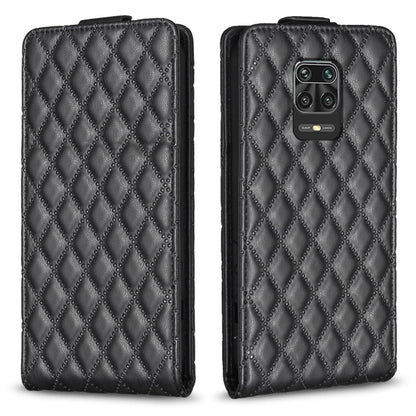 Black leather flip phone case with diamond lattice pattern and camera cutout