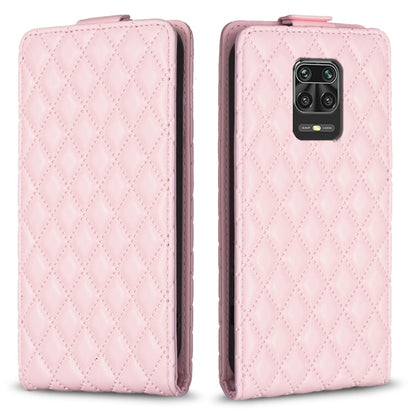 Pink leather flip phone case with diamond lattice texture and camera cutout