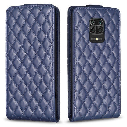 Blue leather flip phone case with diamond lattice texture and camera cutout