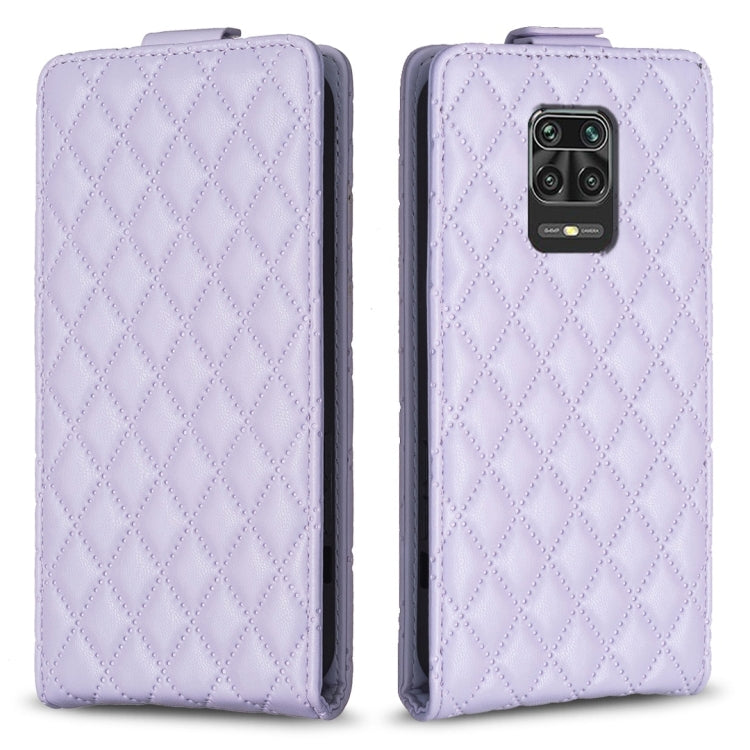 Lavender leather flip phone case with diamond lattice texture and camera cutout