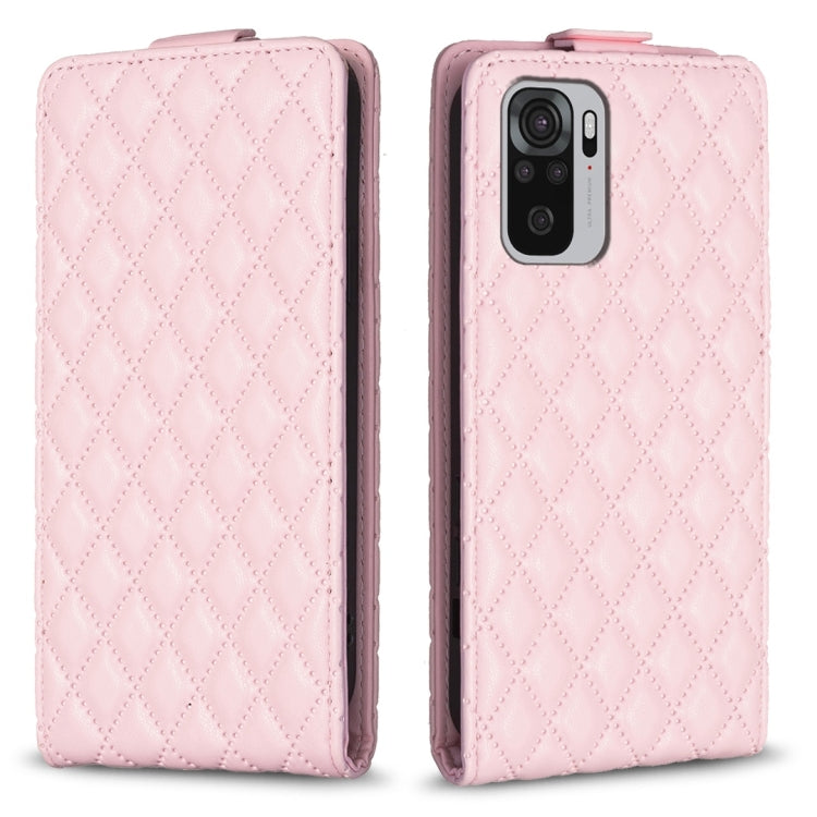 Pink leather flip case with diamond lattice texture, flip flap, camera cutout